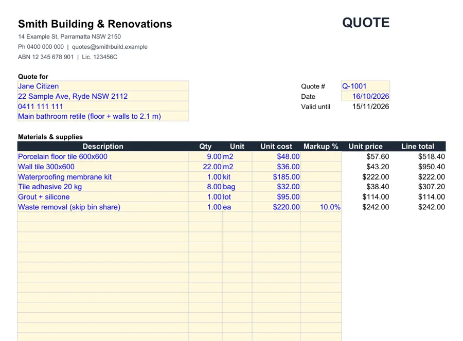 Quote tab with materials, labour and totals